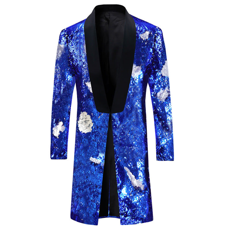 Men's Jazz Dance Costumes Turquoise Green Gold Two-color Sequined Host Singer Emcee Performance Long Coat for Male - Moderndancedress.com