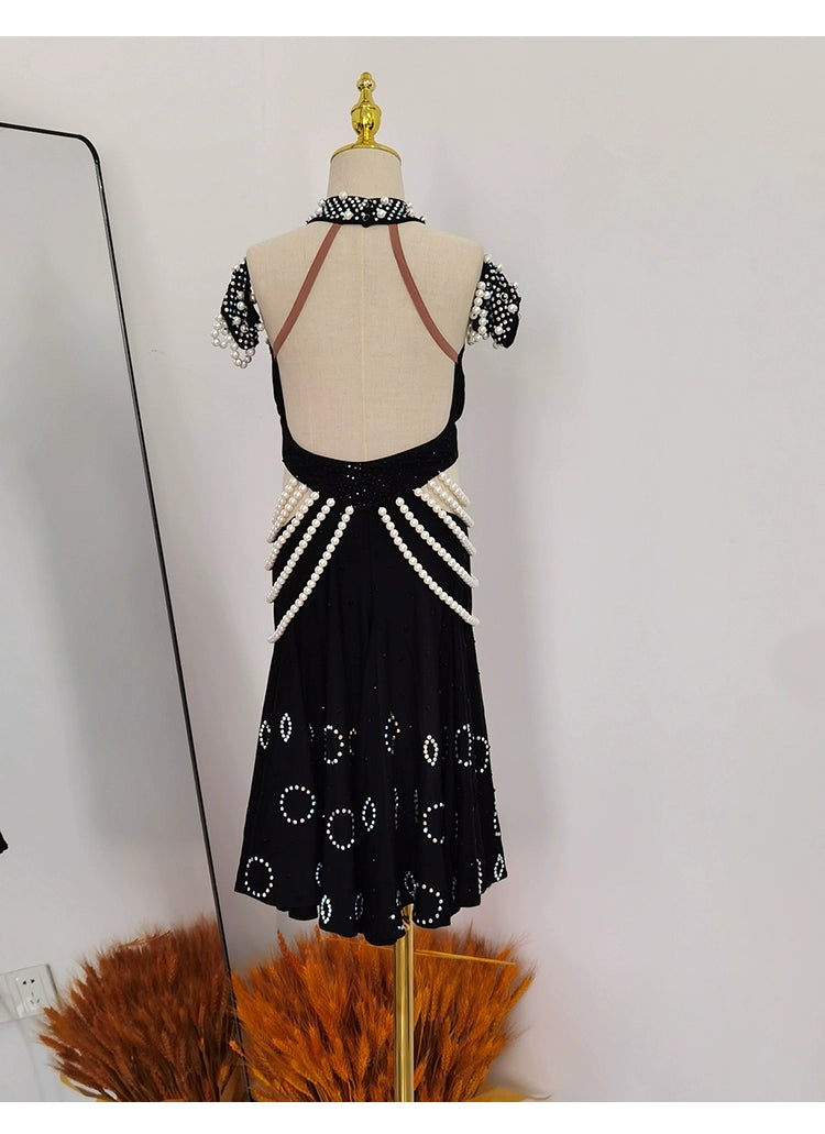 Girls Latin Dance Dresses for Kids Purple Black Pearls Diamond Salsa Rumba Chacha Performance Costumes