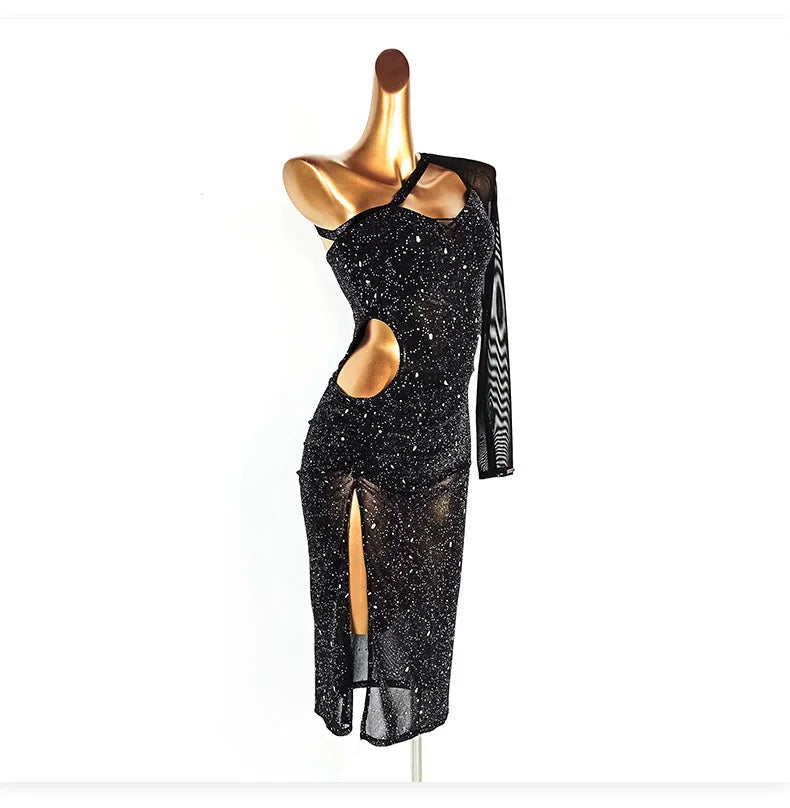 Black Glitter Latin Dance Dress for Women One Shoulder Slant Neck Salsa Ballroom Chacha  Latin Costume