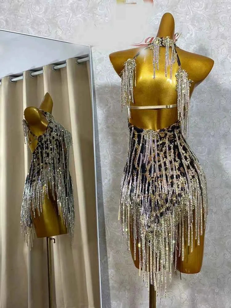 Custom Size Leopard Competition Latin Dance Dresses for Women Girls Salsa Rumba Chacha Performance Costumes