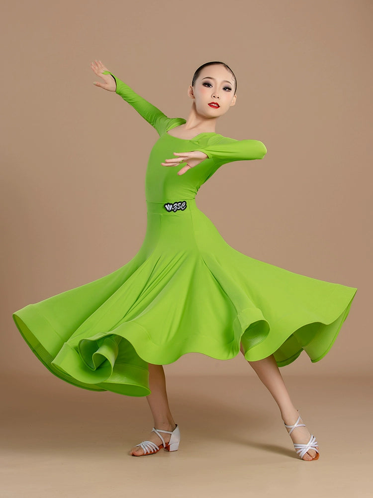 Modern ballroom dance dresses for girls kids orange green waltz tango regulation latin ballroom standard dance clothes Large skirt - Moderndancedress.com
