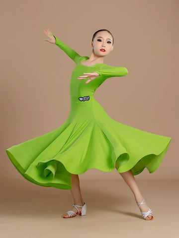 Modern ballroom dance dresses for girls kids orange green waltz tango regulation latin ballroom standard dance clothes Large skirt - Moderndancedress.com