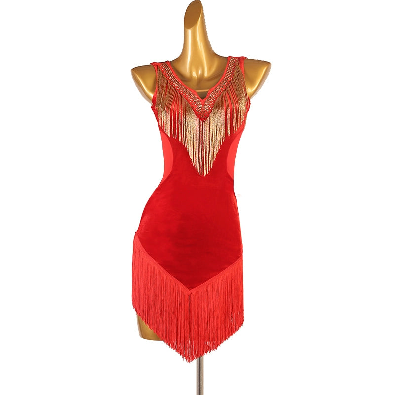 Gold Tube Fringed Black Red Velvet Latin Dance Dresses for Women Girls Rumba Cha Dance Outfits