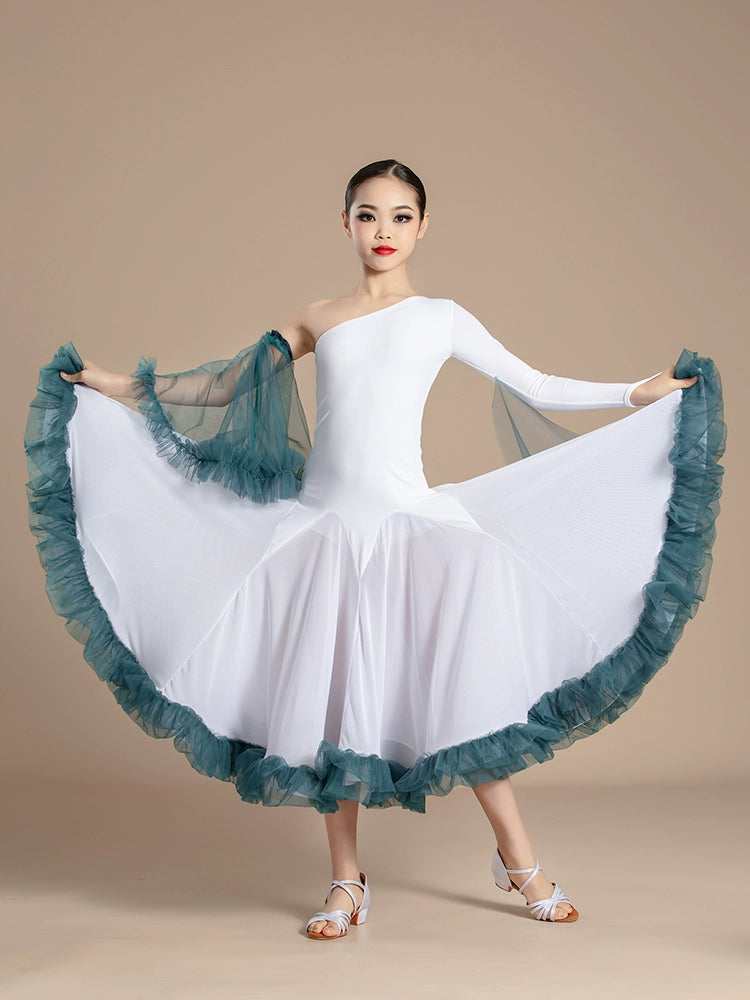 White with Blue Slant Neck Ballroom Dance Dresses for Girls Kids Competition Ballroom Tango Waltz with Float Art Test Training Uniforms - Moderndancedress.com