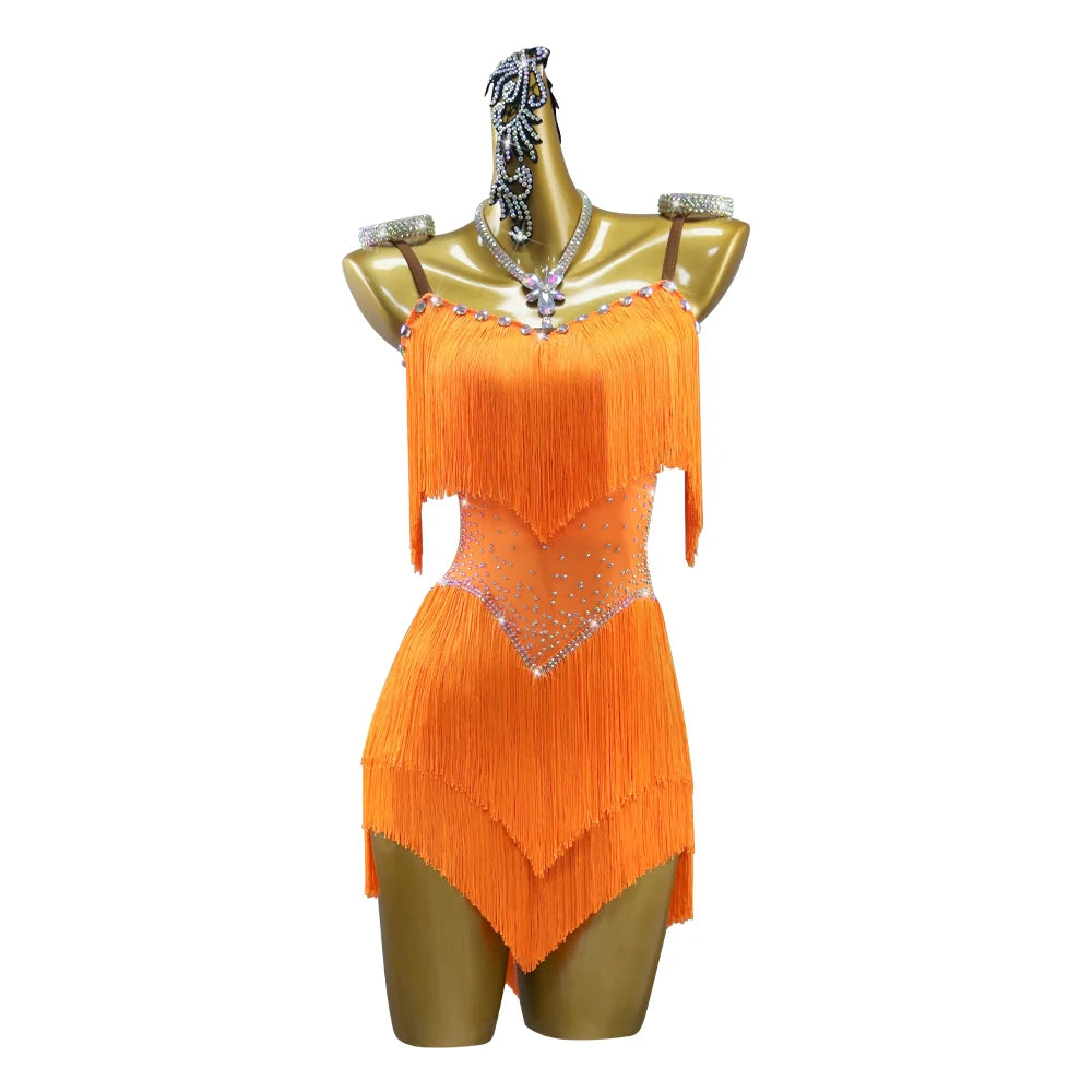 Adult Orange Latin Dance dresses women girls tassels salsa rumba chacha Contest Performance Costume Art Examination solo skirt - Moderndancedress.com
