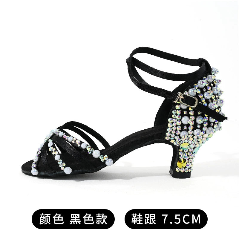 Women Girls Kids Sparkling Gemstones Latin Dance Shoes White Black High Heel Salsa Rumba Chacha Jive Ballroom Dancing Sandal Shoes Soft Sole - Moderndancedress.com
