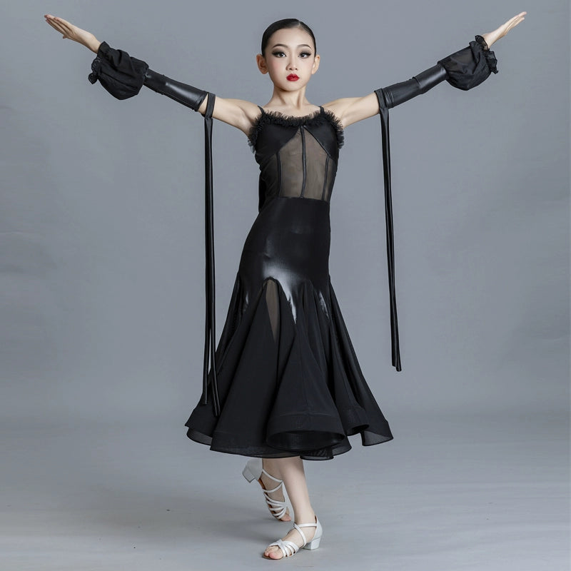 Children's Black Ballroom Dance Dresses for Girls Kids Waltz Tango Ballroom Dance Costumes Performance Swing Skirts - Moderndancedress.com