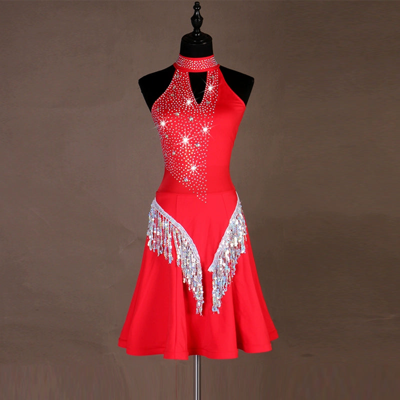 High-end Latin skirt professional competition dress sequins tassels dress customizable for children - Moderndancedress.com