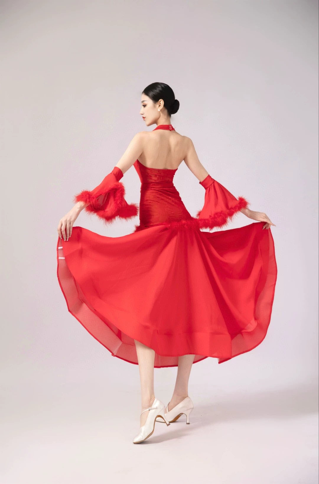 Women Ballroom Dance Dresses Black Red Navy Lace Halter Neck Waltz Tango Rhythm Competition Gown - Moderndancedress.com