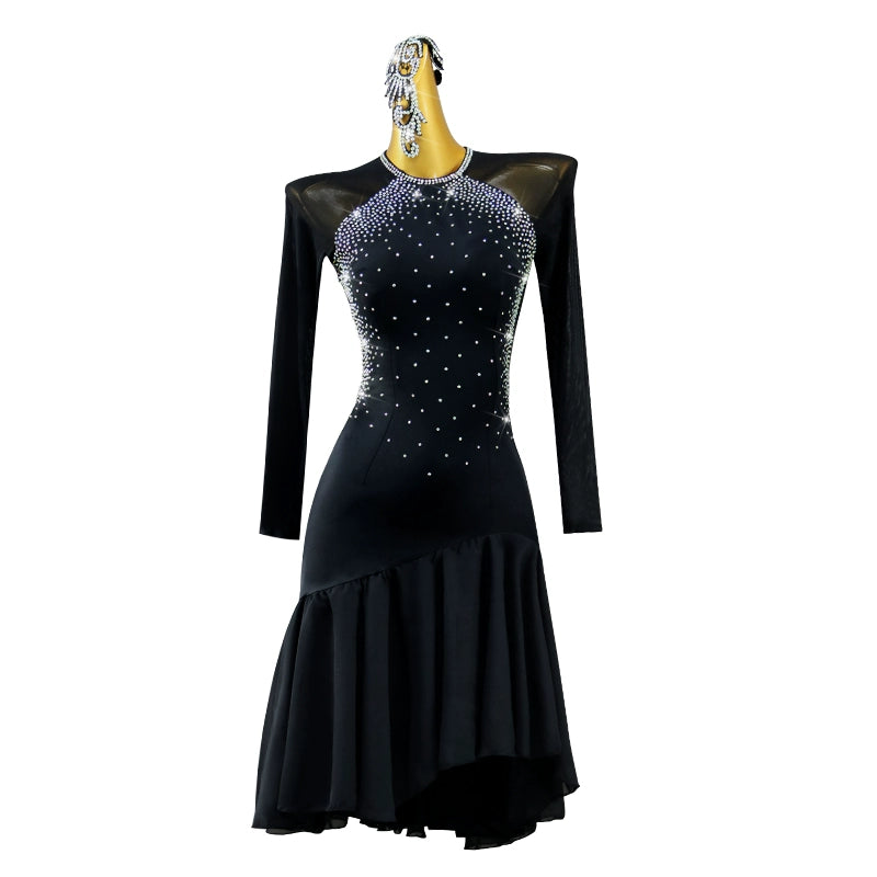 Black Sparkling Latin Dance Performance Competition Dresses for Women Girls Ruffles Skirts Salsa Rumba Chacha Long Sleeve Party Dancing Costumes