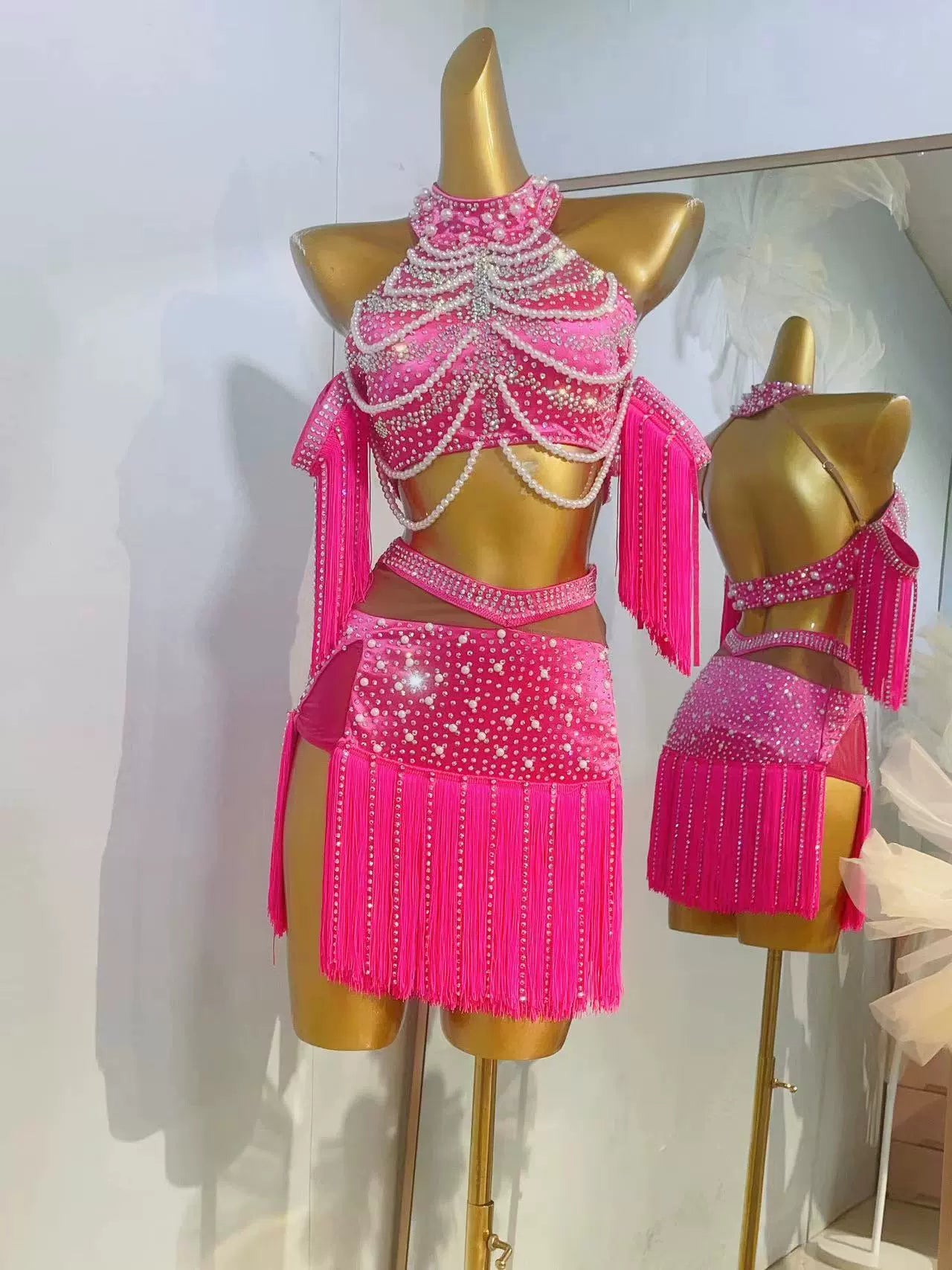 Custom Size Green Pink Latin Dance Competition Dresses for Women Girls Kids Salsa Chacha Dance Pearl Gold Fringed Skirts Party Performance Outfits - Moderndancedress.com