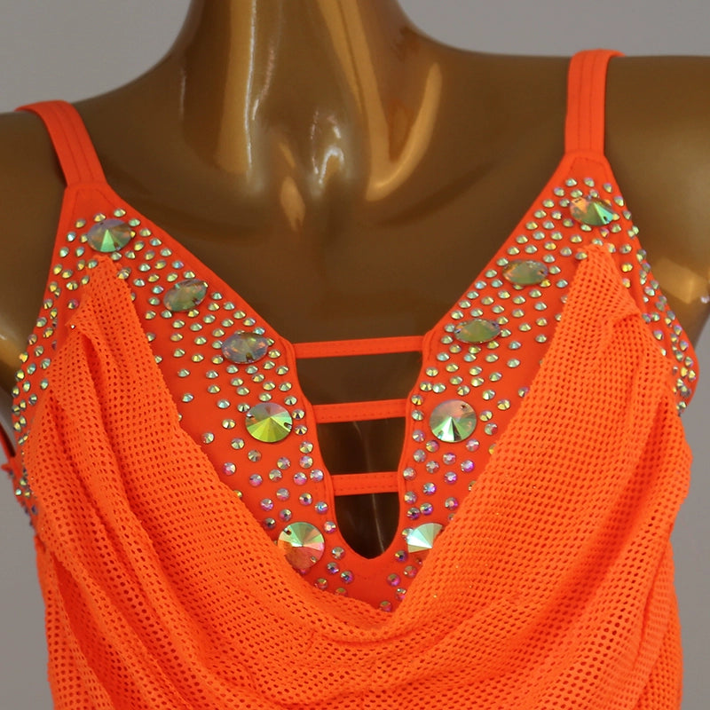 Orange green fringe competition Latin dance dress for women girls one-piece stones Latin dance performance costumes for female - Moderndancedress.com