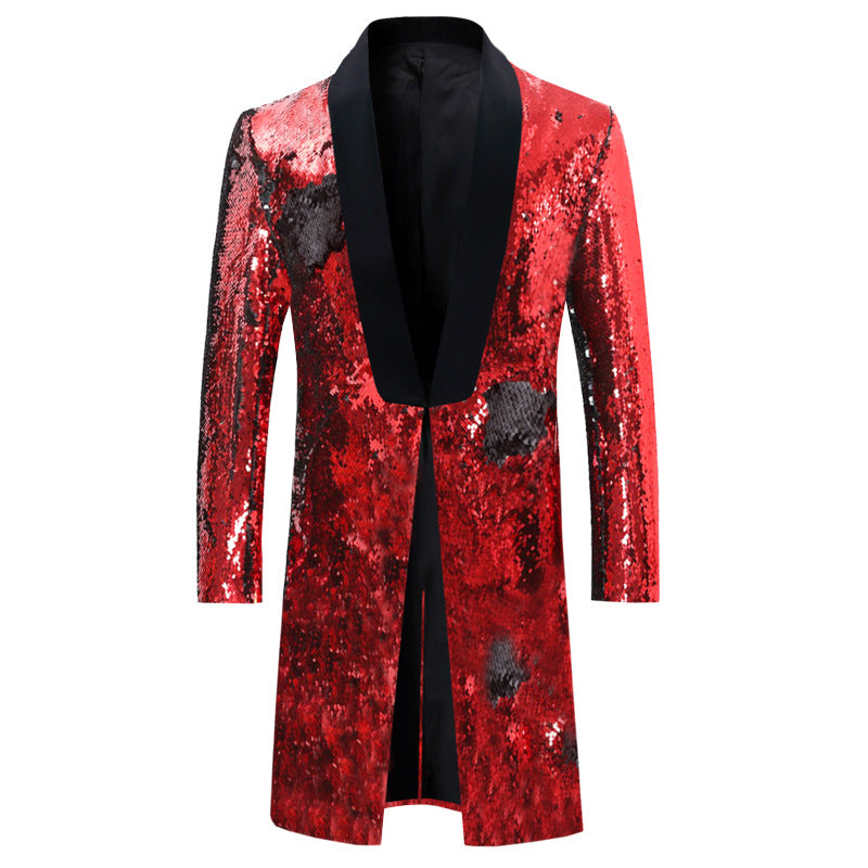 Men's Jazz Dance Costumes Turquoise Green Gold Two-color Sequined Host Singer Emcee Performance Long Coat for Male - Moderndancedress.com