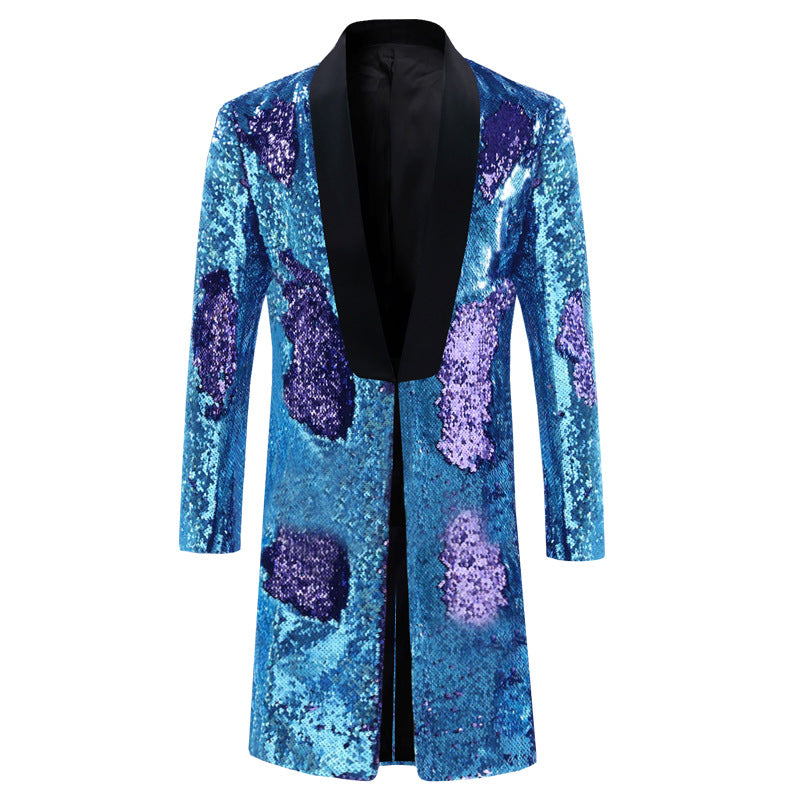 Men's Jazz Dance Costumes Turquoise Green Gold Two-color Sequined Host Singer Emcee Performance Long Coat for Male - Moderndancedress.com