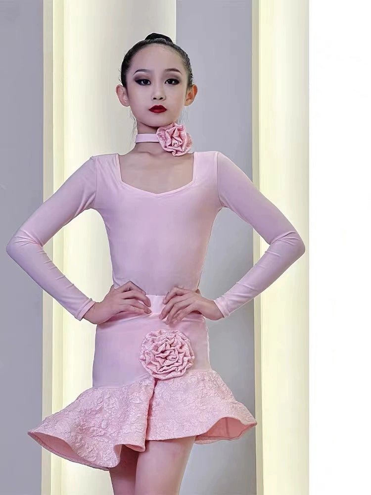 Latin dance Dresses for girls kids white pink lace irregular hem children's salsa rumba chacha performance outfits long sleeves for Children - Moderndancedress.com