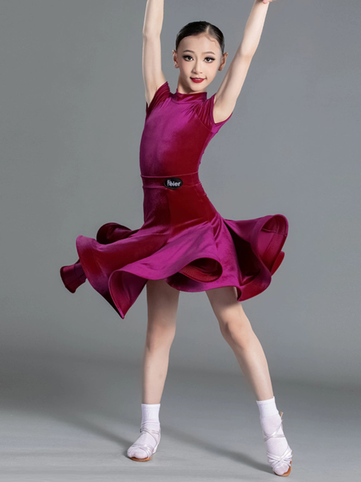 Latin Dance Competition dresses for kids girls wine green Short Sleeves Standard ballroom latin Competition Suit
