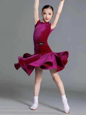 Latin Dance Competition dresses for kids girls wine green Short Sleeves Standard ballroom latin Competition Suit