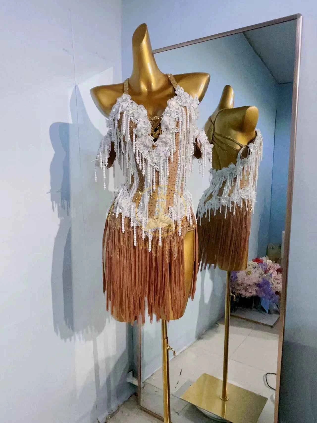 Custom Size Coffee White Fringe Competition Latin Dance Dresses for Women Girls Salsa Chacha Dance Costumes