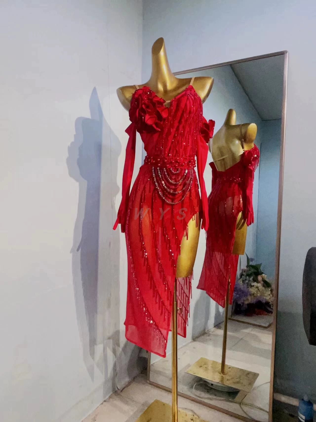 Custom Size Red  Dark Green Competition Latin Dance Dresses for Women Girls Side Slit Salsa Rumba Chacha Dance Costumes - Moderndancedress.com