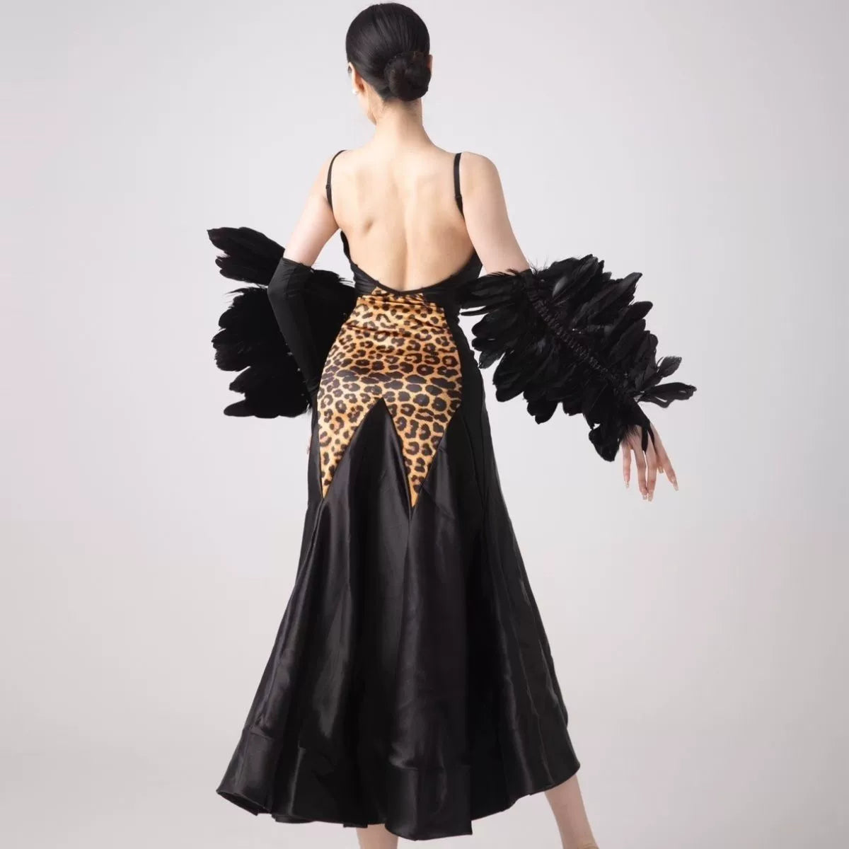 Women Leopard Ballroom Dance Dresses Feather Waltz Tango Rhythm Performance Costumes for Female - Moderndancedress.com
