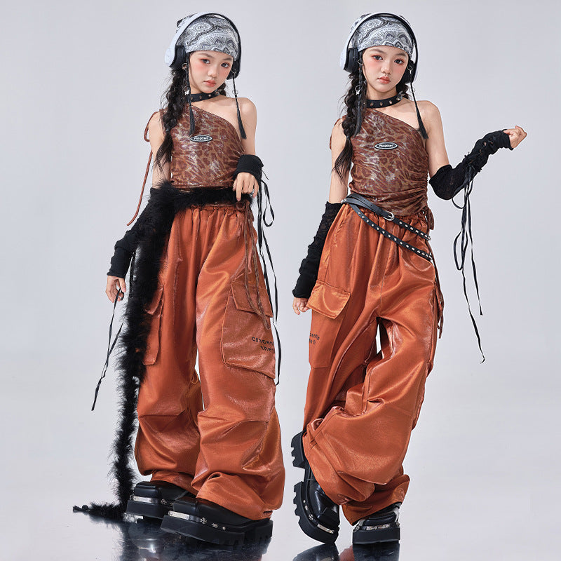 Girls Jazz Dance Costume K Hip Hop Dance Outfits Metallic Cargo Pants & Leopard Halter Wear