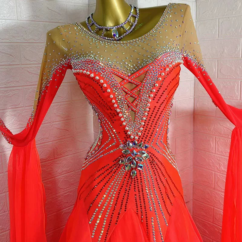 Custom Coral Red Ballroom Dance Dress with Luxury Crystals | Smooth Gown