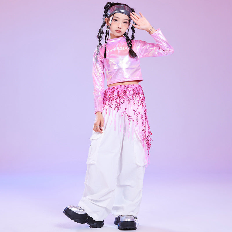 Girls Jazz Dance Costumes Kids Khiphop Metallic Pink Street Outfits & Cargo Pants Set