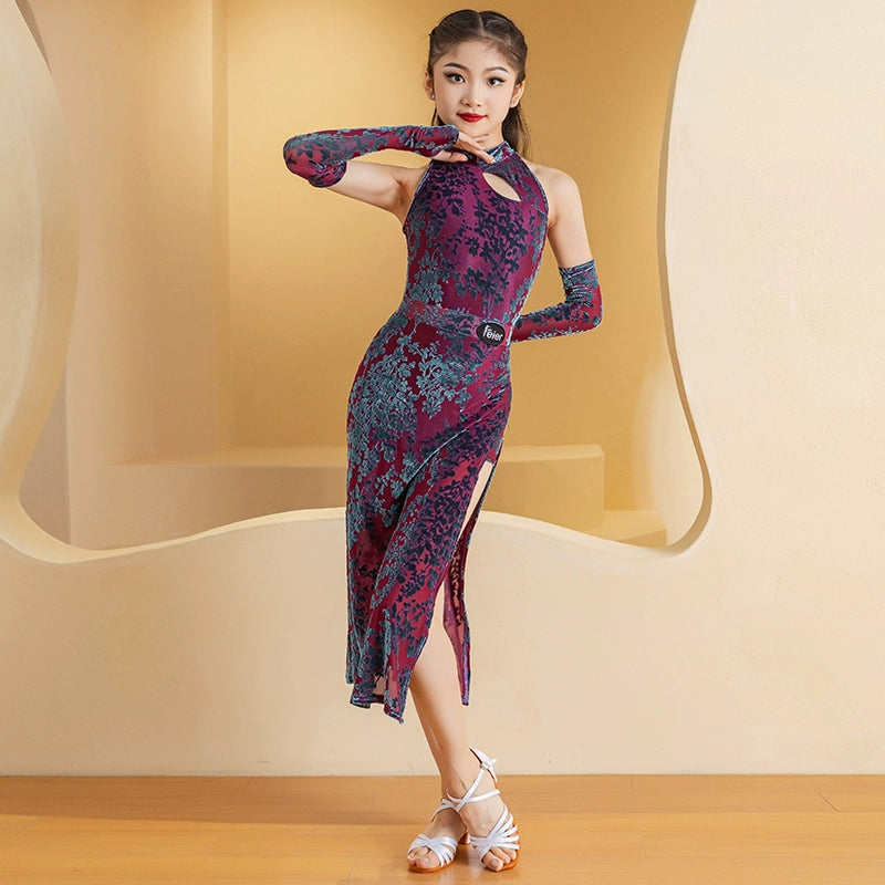 Girls kids velvet green wine Latin Dance Costume for children salsa chacha ballroom dress Cheongsam Training Dance Class Dance outfits - Moderndancedress.com