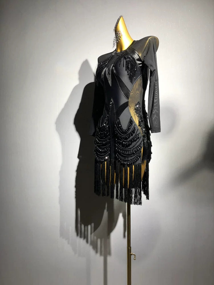 Custom Competition Black Latin Dance Dress Geometric Mesh & Rhinestone Fringe Costume