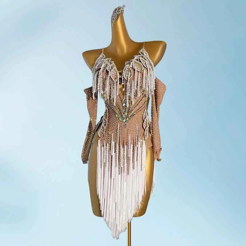Custom size flesh with white competition latin dance dresses petals salsa rumba chacha blackpool dance clothes
