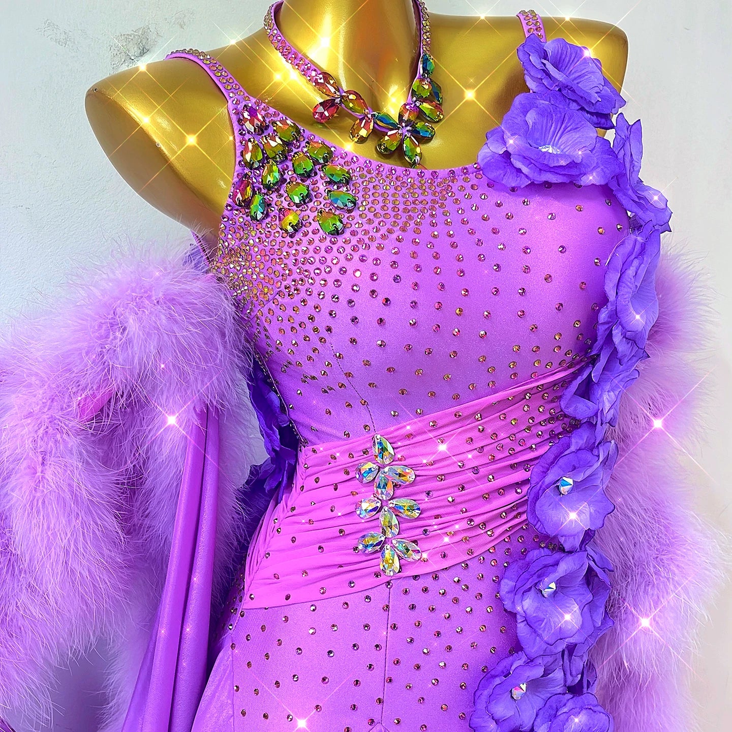 Custom Size Violet Ballroom Dance Dress - 3D Flower & Feather Competition Gown for Waltz, Tango, Smooth