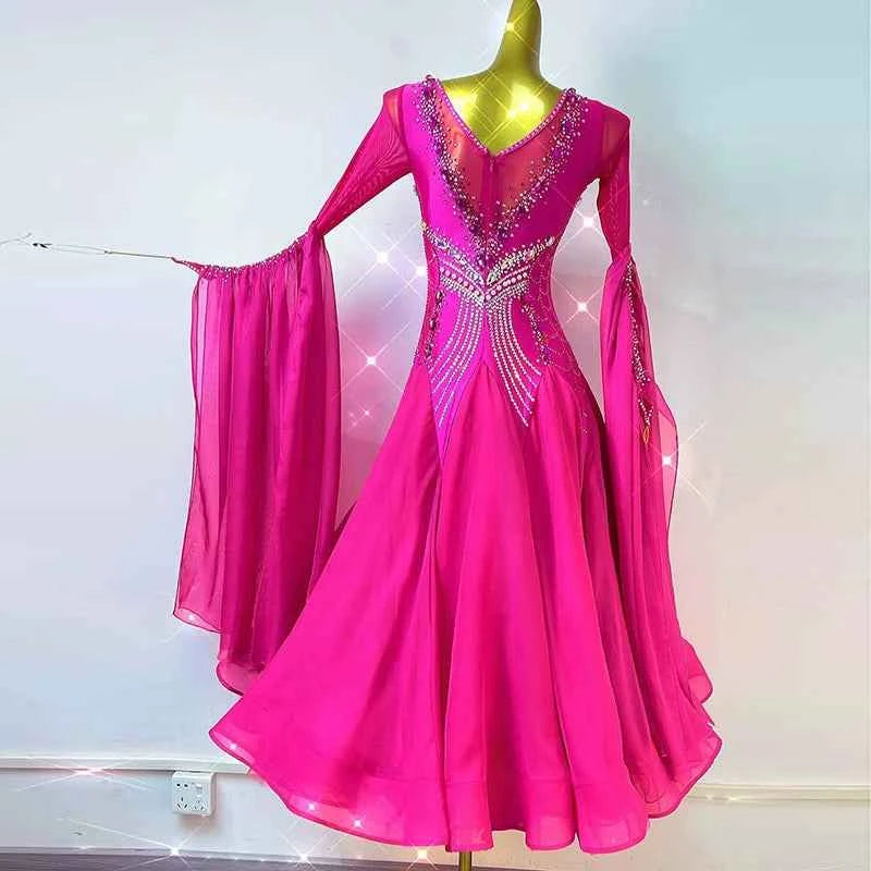 Custom Size Women's Hot Pink Ballroom Dance Dress Rhinestones Smooth Long Sleeves