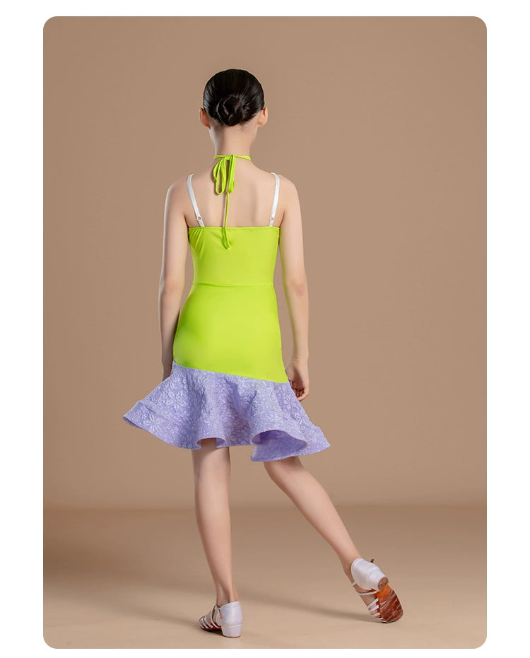 Latin dance dresses for girls kids green purple ballroom salsa performance outfits for children's suspender dance training clothes - Moderndancedress.com