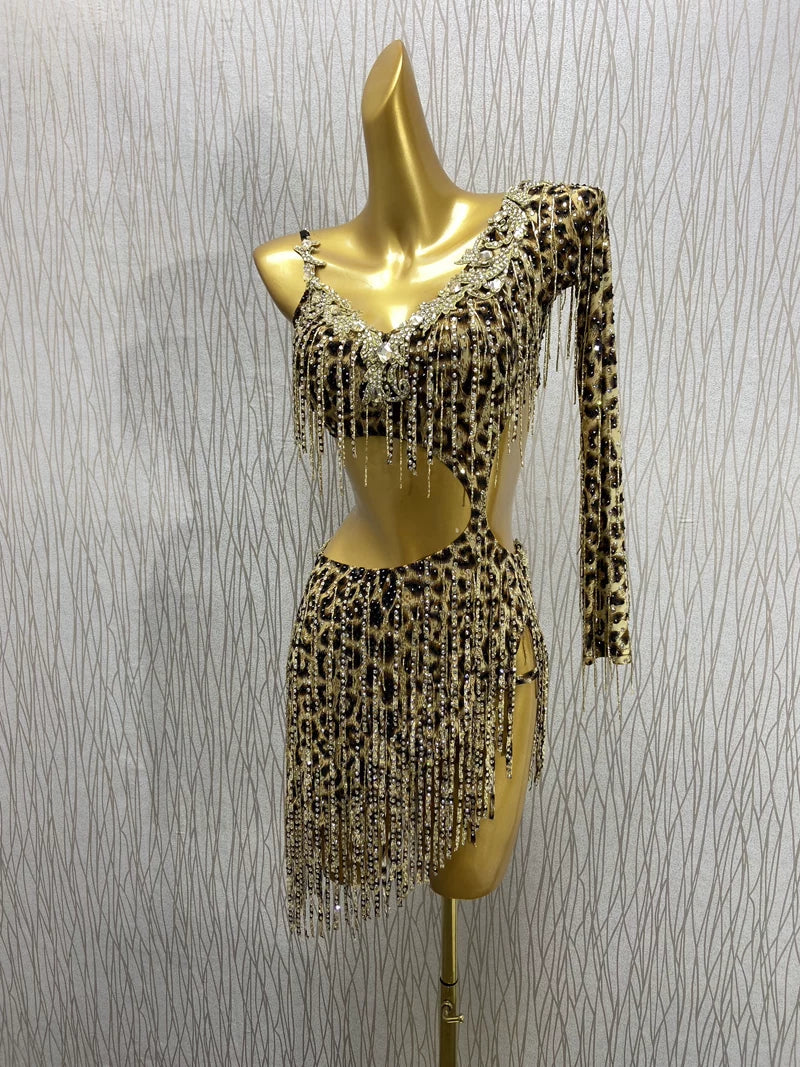 Custom Size Leopard Bling Latin Dance Dress Fringe Salsa Chacha Blackpool Competition Clothing