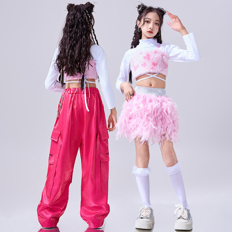 Girls Hiphop Dance Costumes Pink Feather Kids Jazz Gogo Rapper Singers Street Dance Suit Walk Show Outfits - Moderndancedress.com