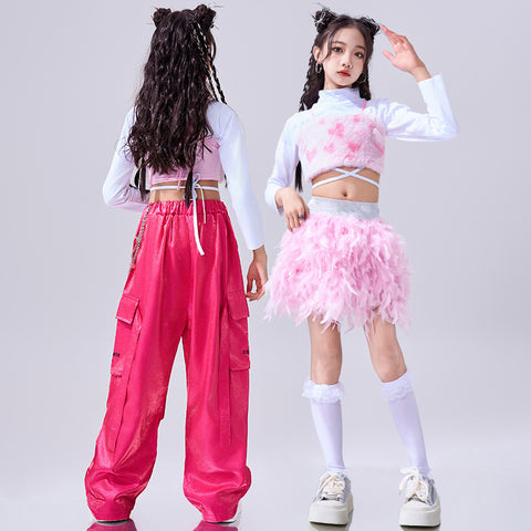 Girls Hiphop Dance Costumes Pink Feather Kids Jazz Gogo Rapper Singers Street Dance Suit Walk Show Outfits