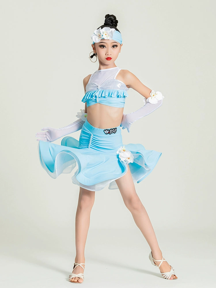 Children's light blue flowers Latin dance dresses kids salsa rumba ballroom regulations competition performance training clothing for girls - Moderndancedress.com