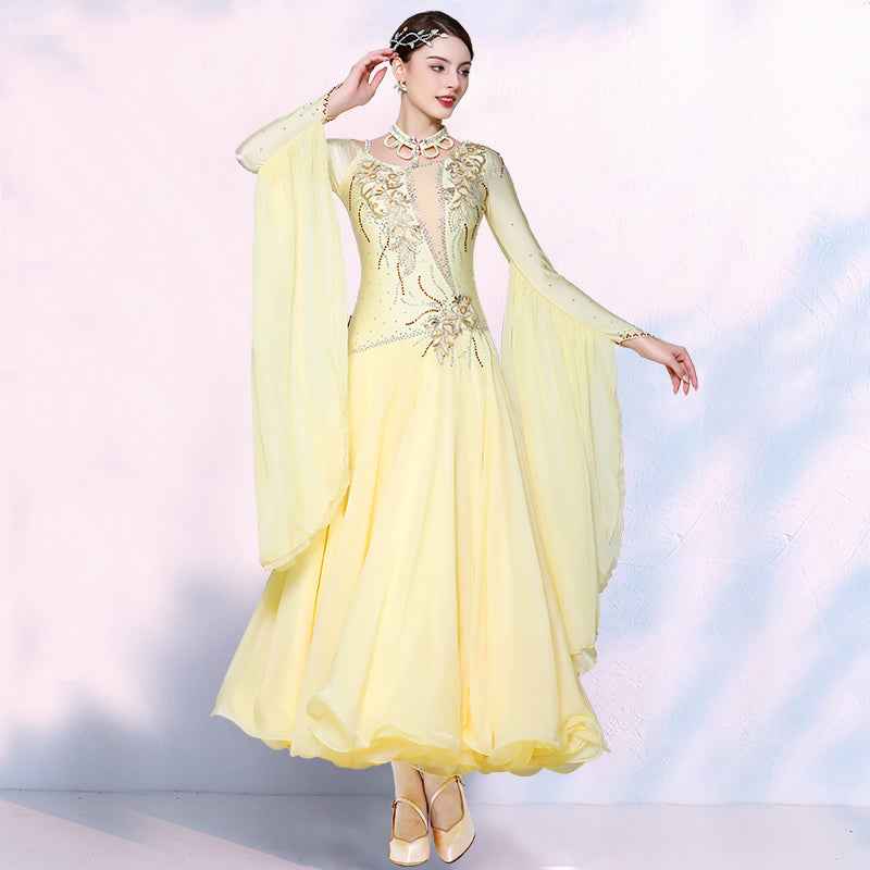 Light Yellow Ballroom Dance Dresses for Women Girls Waltz Tango Foxtrot National Dancing Gown