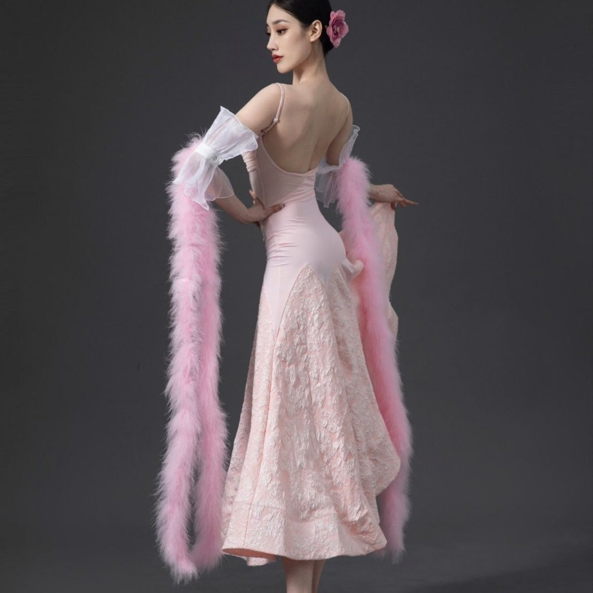 Pink Feather Ballroom Dance Dresses for Women Girls Green National Standard Waltz Tango Foxtrot Smooth Dance Long Swing Skirts - Moderndancedress.com