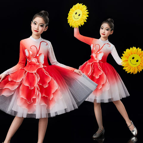 Children's pink green Petals modern dance dresses chorus performance girls tutu skirts school church choir competition outfits - Moderndancedress.com