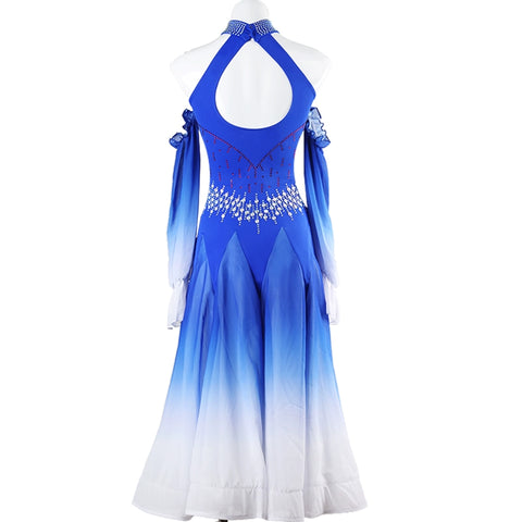 Royal Blue Black Gradient Competition Ballroom Dance Dress for Women Girls Rhinestones Halter Neck Dew Shoulder Waltz Tango Party Dance Long Gown for Female - Moderndancedress.com