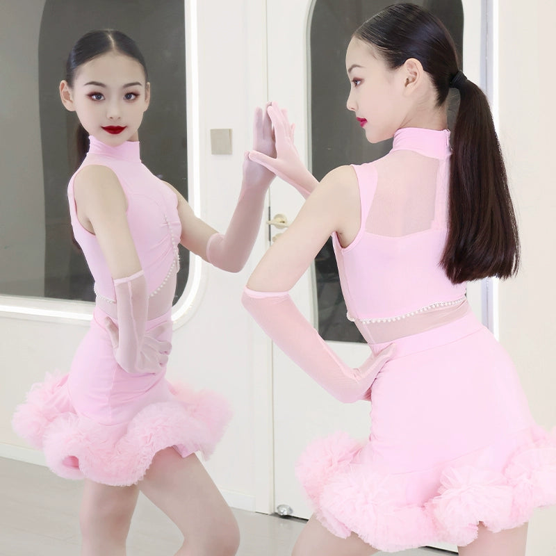 Girls Latin Dance Dresses Kids Pink Black Ruffles Salsa Rumba Ballroom Performance Costumes - Moderndancedress.com