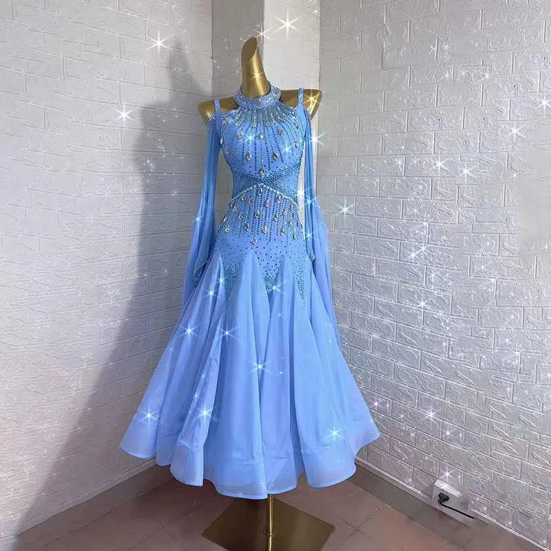 Custom Size Blue Ballroom Dance Dresses for Women Girls Waltz Tango Competition Performance Gown Off Shoulder
