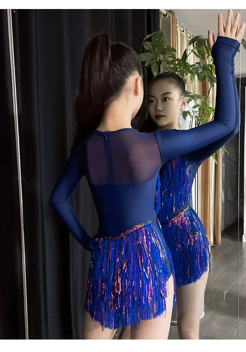 Girls Latin Dance Dresses Kids Blue Sequins Tassel Latin Salsa Rumba Ballroom Performance Costumes