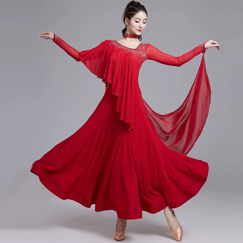 Orange  Blue Slant Neck Ballroom Dance Dresses for Women Girls National Standard Waltz Tango Social Professional Competitions Long Gown