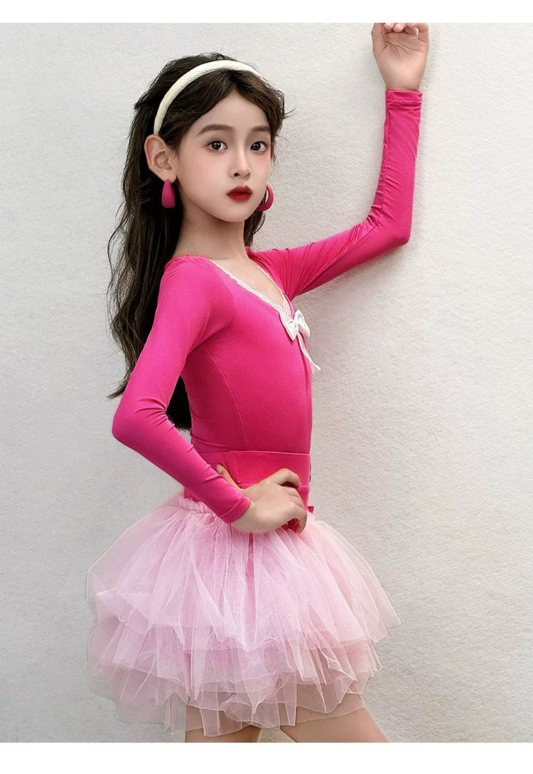 Girls Pink Latin Dance Dress | Hot Pink Salsa Chacha Dance Leotard Set