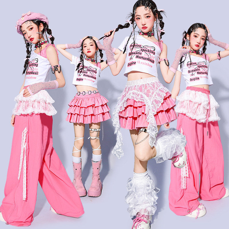 Girls Pink Jazz Dance Costumes K-Pop Dance Outfits - Tiered Mini Skirt Cargo Pants & Crop Top