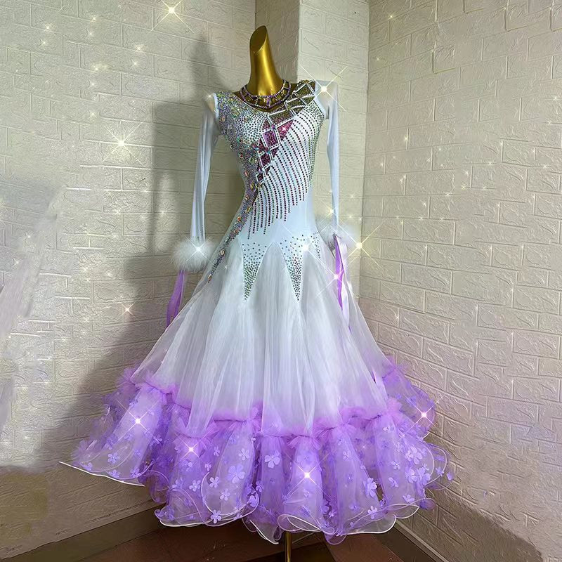 Customized Size Light Purple Crystals Competition Ballroom Dance Dresses for Women Girls Rhythm Smooth Foxtrot Waltz Performance Gown - Moderndancedress.com