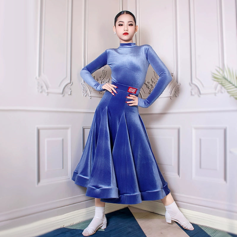 Girls Blue Purple Grey Velvet Ballroom Latin Dance Dresses for Kids Children  Competition Professional Performance Long Skirts for Children - Moderndancedress.com