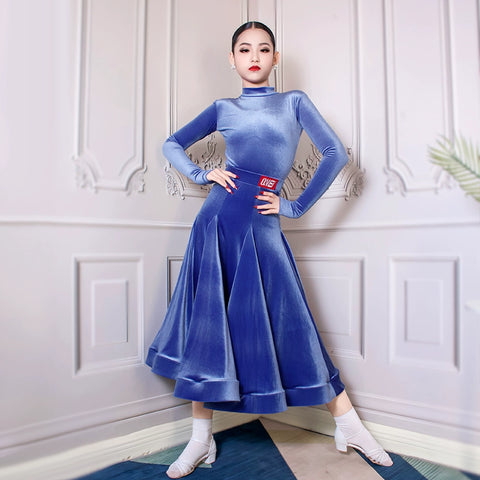 Girls Blue Purple Grey Velvet Ballroom Latin Dance Dresses for Kids Children  Competition Professional Performance Long Skirts for Children - Moderndancedress.com